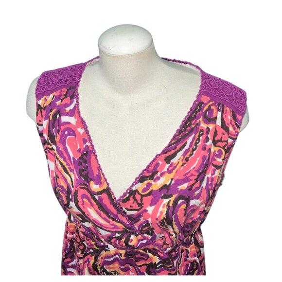 Merona Cotton Sleeveless Paisley V Neck Dress Sz Large Pink Purple Polyester Cas - Picture 3 of 11